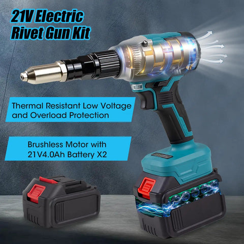 Sumumtor 21V Cordless Electric Rivet Gun With Two 4.0Ah Batteries And Charger showing brushless motor and thermal protection.