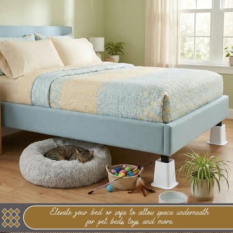 No Sweat Heavy Duty 6 Inch Bed Risers Set Of 4 White Stackable Furniture Boosters for elevating bed and sofa with storage space underneath.