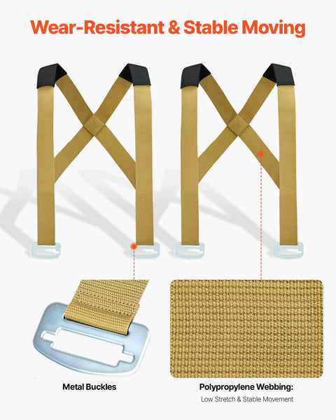 Heavy Duty Two Person Moving Straps With Adjustable Shoulder Harness And Beefy Steel Buckles For Hassle Free Hauling Of Furniture Mattresses And Appliances Without Wrecking Your Back, showing wear-resistant straps with metal buckles.