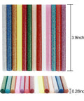 280 Piece Glitter Mini Hot Glue Sticks Set In 14 Colors showcasing 0.28 inch diameter and 3.9 inch length.
