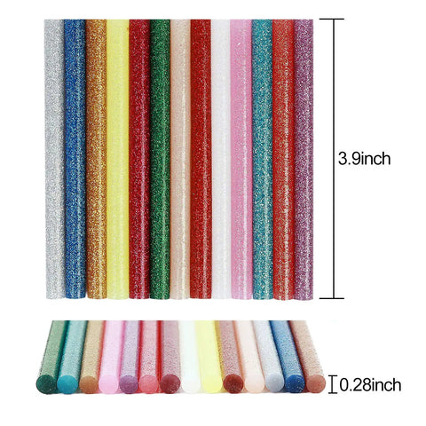 280 Piece Glitter Mini Hot Glue Sticks Set In 14 Colors showcasing 0.28 inch diameter and 3.9 inch length.