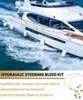 Pro Grade Hydraulic Steering Bleed Kit For Seastar BayStar And Uflex Systems With Quick Connect Filler Hose shown on a marine boat