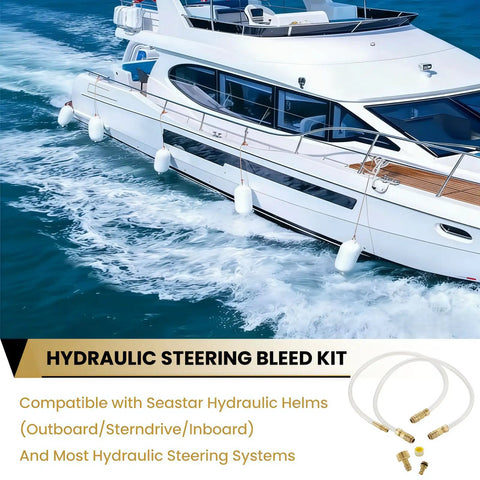 Pro Grade Hydraulic Steering Bleed Kit For Seastar BayStar And Uflex Systems With Quick Connect Filler Hose shown on a marine boat