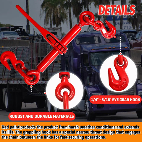 Beefy Heavy Duty Ratchet Chain Binder One Quarter To Five Sixteenths Inch With G70 Grab Hooks in use on truck