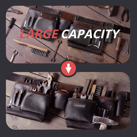 12 Pocket Oil Tanned Leather Tool Belt For Builders And DIYers with tools showcasing large capacity and versatility