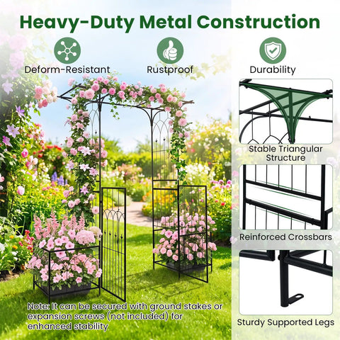 Garden Arbor With Gate And Planter, Metal Arch Trellis With Double Doors, 79 Inches Wide By 81 Inches High, Outdoor Archway With Flowers