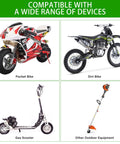 All In One 2 Stroke Carburetor Kit Replacement For 43cc 47cc 49cc 50cc 52cc Engines with compatible vehicles like pocket bike, dirt bike, gas scooter, outdoor equipment