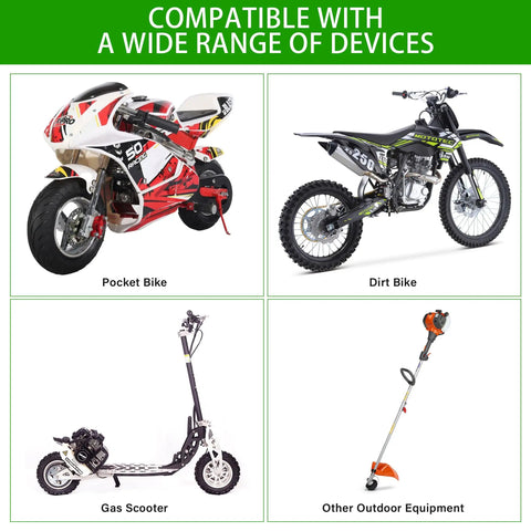 All In One 2 Stroke Carburetor Kit Replacement For 43cc 47cc 49cc 50cc 52cc Engines with compatible vehicles like pocket bike, dirt bike, gas scooter, outdoor equipment