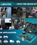 78 Piece Professional Tire Repair Kit With Heavy Duty Plugs Insertion Wrench Needle Nose Pliers Utility Cutter Tire Pressure Pen And Nitrile Gloves For No Hassle Roadside Flat Fixes And Road Trip Rescue displayed with various vehicles and tools.