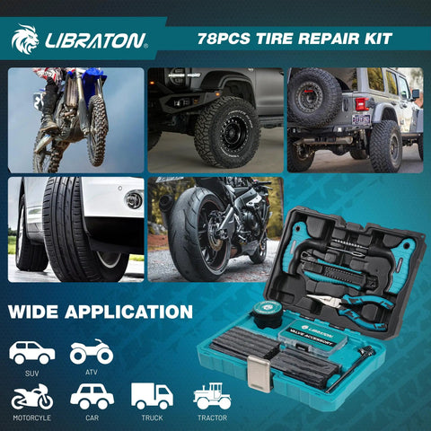 78 Piece Professional Tire Repair Kit With Heavy Duty Plugs Insertion Wrench Needle Nose Pliers Utility Cutter Tire Pressure Pen And Nitrile Gloves For No Hassle Roadside Flat Fixes And Road Trip Rescue displayed with various vehicles and tools.