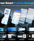 Display of the AI Assisted Wireless OBD2 Scanner For iPhone And Android All System Diagnostic Tool With Free Updates No Subscriptions Car Code Reader Check Engine Oil Reset Plug And Play Performance And Battery Tests interface on a smartphone screen, showcasing app features and compatibility.