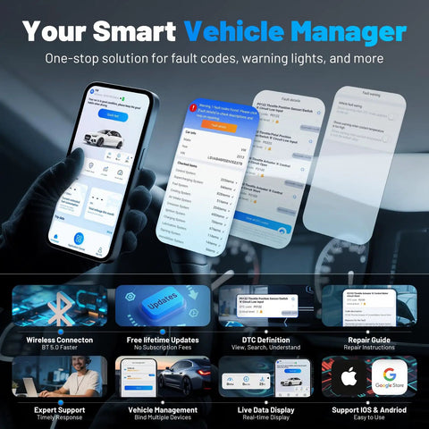Display of the AI Assisted Wireless OBD2 Scanner For iPhone And Android All System Diagnostic Tool With Free Updates No Subscriptions Car Code Reader Check Engine Oil Reset Plug And Play Performance And Battery Tests interface on a smartphone screen, showcasing app features and compatibility.
