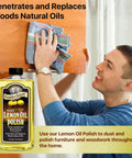 Man using cloth and Lemon Oil Polish For Furniture And Wood Clean And Restore Finish Natural Lemon Scent Protects From Drying And Cracking