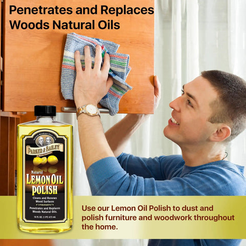 Man using cloth and Lemon Oil Polish For Furniture And Wood Clean And Restore Finish Natural Lemon Scent Protects From Drying And Cracking