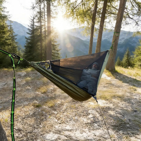 Mosquito Net Hammock Kit With Detachable Bug Mesh And Sleeping Pad Ultralight 11Ft Portable Hammock in forest setting