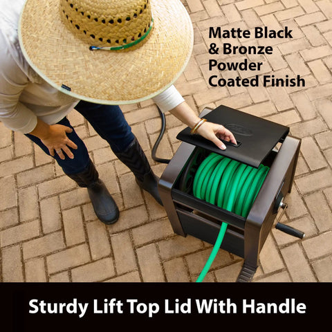 Beefy 200 Foot Hose Storage Box with internal poly-resin reel being accessed by woman, bronze finish, garden hose organizer