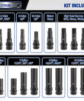 Lug Nut Key Set 16 Piece SAE And Metric Wheel Lock Removal Tool Kit In CrMo Steel with various spline, star, hex, fluted keys displayed.