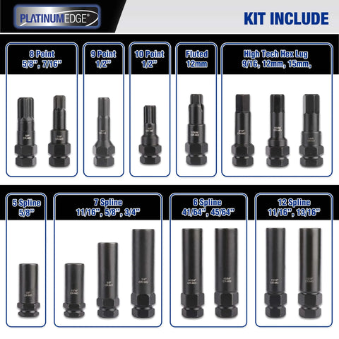 Lug Nut Key Set 16 Piece SAE And Metric Wheel Lock Removal Tool Kit In CrMo Steel with various spline, star, hex, fluted keys displayed.