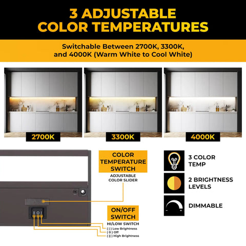 Hardwired Or Plug In LED Under Cabinet Lighting Kit 24 Inch Bronze Finish 3 CCTs 2700K 3000K 4000K color temperature options