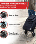 Man using Bigger Trolley Dolly Foldable Black Shopping Cart with oversized wheels on urban sidewalk.