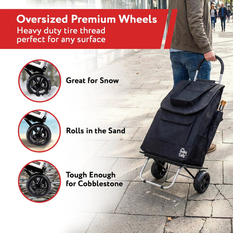 Man using Bigger Trolley Dolly Foldable Black Shopping Cart with oversized wheels on urban sidewalk.