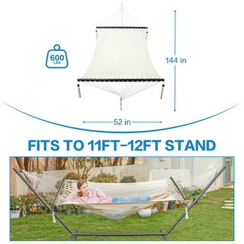 Two Person Rope Hammock With Hardwood Spreader Bar For Indoor Outdoor Use, Handwoven Caribbean Style, on a metal stand