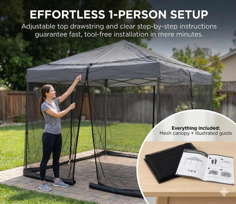 Mosquito Netting for Patio Umbrella 10x10 Ft Canopy Screen in black, easy setup, weather resistant 75D polyester mesh with TPU base