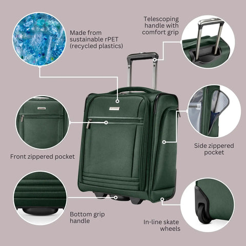 Underseat Carry-On Luggage With 28L Capacity, Sustainable Travel Bag Made From Recycled RPET, showing pockets and wheels