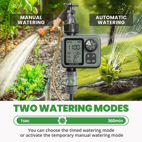 No Fuss Setup Hose Timer With Rain Delay And Auto Or Manual Modes on garden faucet with dual watering modes shown