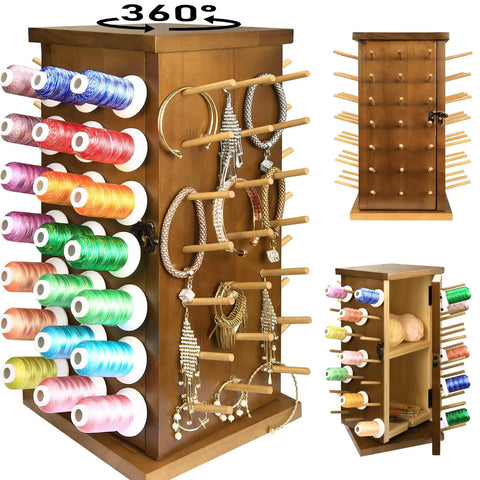 Pretty Slick Wooden 84 Spool Thread Rack With 360 Degree Rotation And Hidden Compartments For Sewing Embroidery Craft Threads Storage Organizer And Needles Bobbins with colorful threads and jewelry.