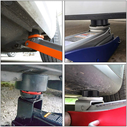 HXXF four-pack rubber floor jack pad adapters for pinch welds; universal 4-ton, shown in front/side/close-up/installed.