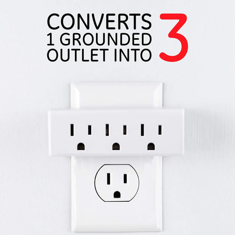 Three Outlet Wall Tap Power Extender For Home And Office Grounded 3 Prong Indoor Rated UL Listed Adapter Space Saving Horizontal Design