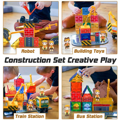 Children playing with Magnetic Tiles Construction Set With Two Cranes STEM Building Blocks for ages 3-7 in rail yard theme.