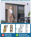 Woman by sliding door comparing galvanized and carbon steel rollers with rust-proof and durable features.