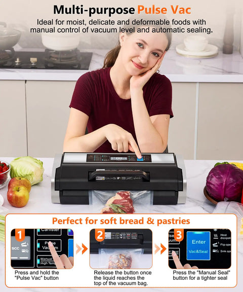 Beast 95KPa Vacuum Sealer Machine For Home Cooks And Pros in use with woman sealing food on kitchen counter, Black Silver