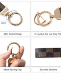 Top Shelf Leather Keychain With Secure Anti Lost D Ring And Heavy Duty Zinc Alloy Clip showing metal clip, swivel snap, and checkered texture.