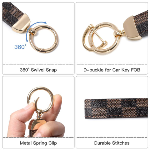 Top Shelf Leather Keychain With Secure Anti Lost D Ring And Heavy Duty Zinc Alloy Clip showing metal clip, swivel snap, and checkered texture.