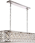 Modern Seven Light Crystal Pendant Fixture With Slick Polished Nickel Finish And Handcrafted Clear Sphere Globes For Dining Rooms, hanging design, showcasing polished nickel and crystal spheres.