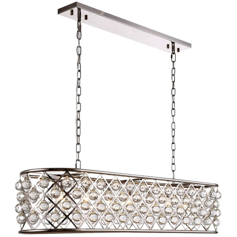 Modern Seven Light Crystal Pendant Fixture With Slick Polished Nickel Finish And Handcrafted Clear Sphere Globes For Dining Rooms view from front with crystal spheres illuminated.