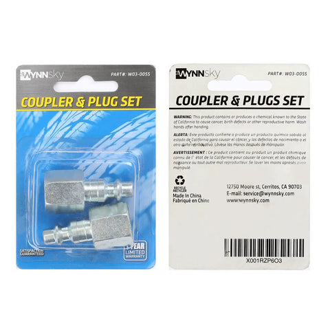 Industrial Air Plug Set With One Quarter Inch Body And Three Eighth Inch NPT Female Threads, Two Steel Air Fittings, Zinc Plated