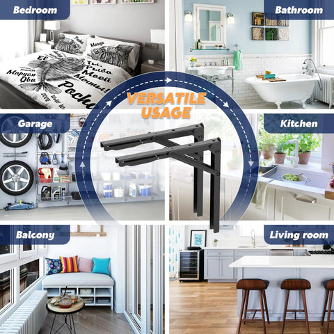 24 Inch Black Heavy Duty Folding Shelf Brackets for garage, workshop, DIY projects with versatile usage in different rooms.