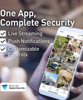 Hand holding smartphone with security app, showing features for 4K WiFi IP Security Camera With Red And Blue Siren Lights, Motion Spotlight, License Plate And Face Capture, SecureAlert Ready, NVR Compatible, HD Video For Home Or Small Business Surveillance.
