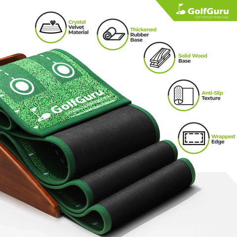 9.8Ft Putting Green Mat With Automatic Ball Return Track And Mirror For Indoor Home Golf Practice, Thickened Wrinkle Free Crystal Velvet Surface with rubber base and wood edge