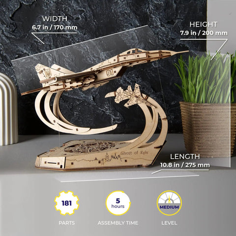 Wooden Airplane Model Kit The Ghost Of Kyiv MiG 29 Fighter Jet With Movable Ailerons Wing Flaps And Tail Rudders Dope 3D Puzzle For Adults And Aviation Enthusiasts. 275 mm display size, laser-cut wood