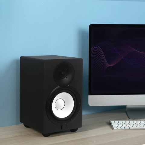 Desk setup with speaker on 1.8 Inch Isolation Feet For 6 To 8 Inch Speakers, 8 Pack With Adhesive Hemisphere Bumpers, Silicone Vibration Damping Pads