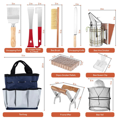 Beekeeping Starter Kit With 11 Essential Tools Including Stainless Steel Smoker Hive Tool Frame Lifter Uncapping Fork Scraper Hook And Water Resistant Tool Bag For Beginners And Pros, assorted tools