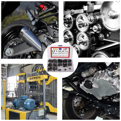 Image showing 462 Piece Black Alloy Steel E Clip External Retaining Rings Kit With 14 Sizes, various machinery applications.