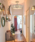 Crystal Chrome Ceiling Light Fixture With 3 Lights Flush Mount Round 15 Inch Chandelier illuminating a modern hallway.