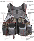 Grunge camo adjustable straps fishing vest with padded air mesh back and shoulders, 20 pocket tackle organizer for men and women