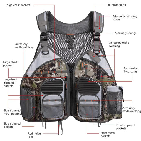 Grunge camo adjustable straps fishing vest with padded air mesh back and shoulders, 20 pocket tackle organizer for men and women